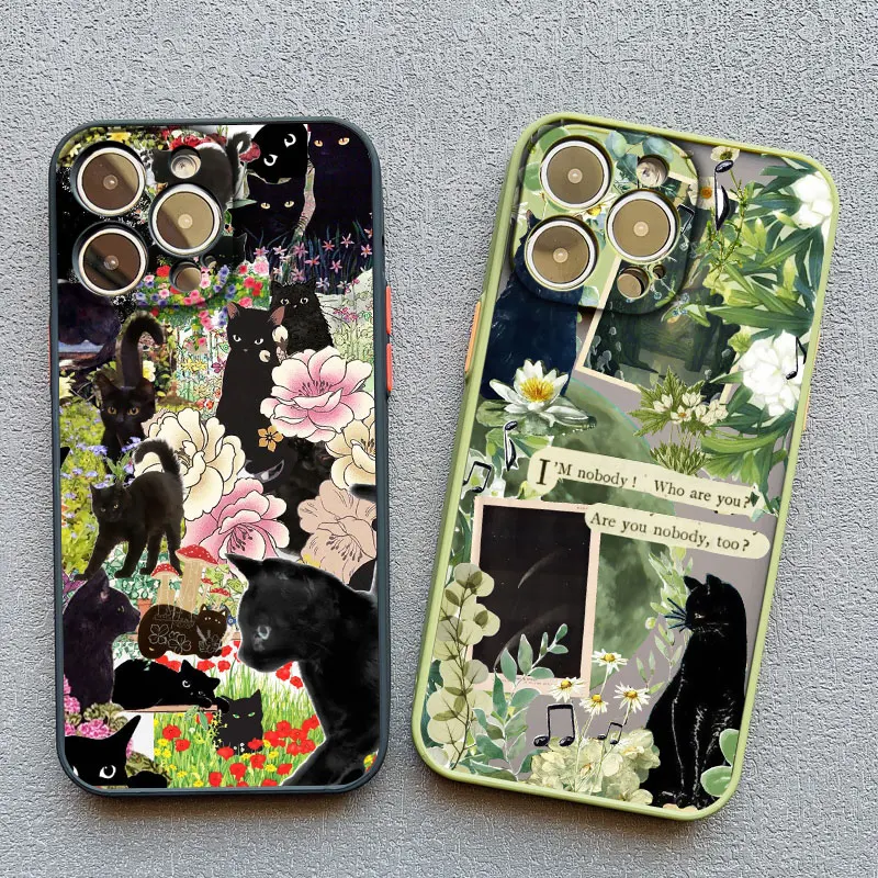 Vintage Black Cat and White Kitten Illustration Phone Case - Cute Cartoon Design