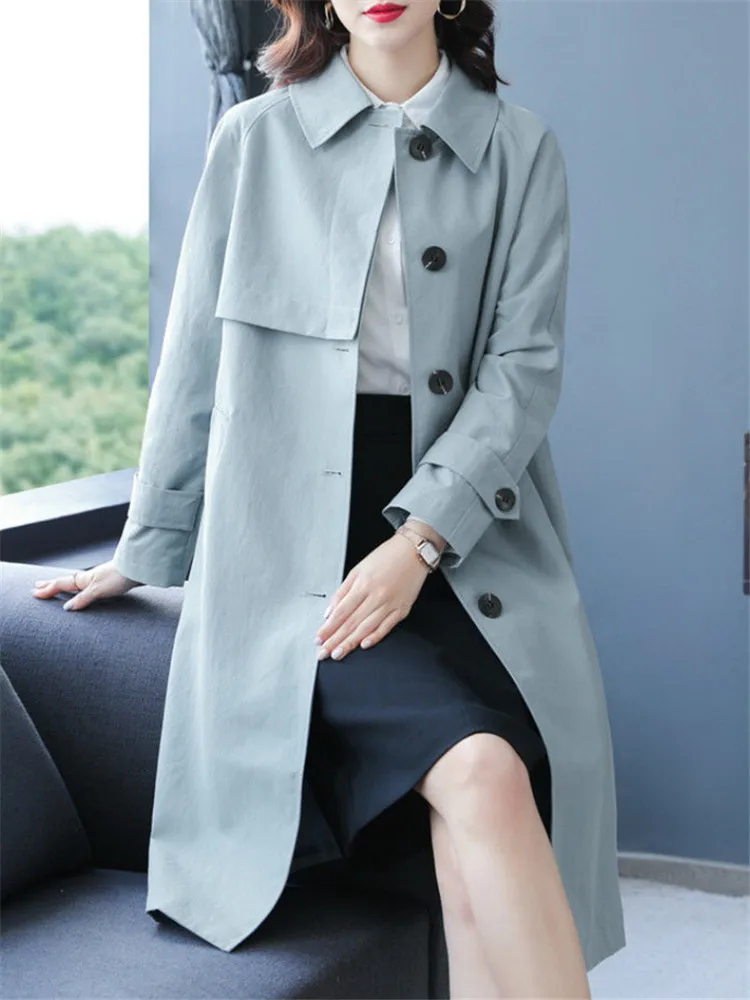 

Spring Autumn Women's Mid-length Trench Coat Korean Version Loose Simple Single-Breasted Wild Fashion Windbreaker Female Clothes