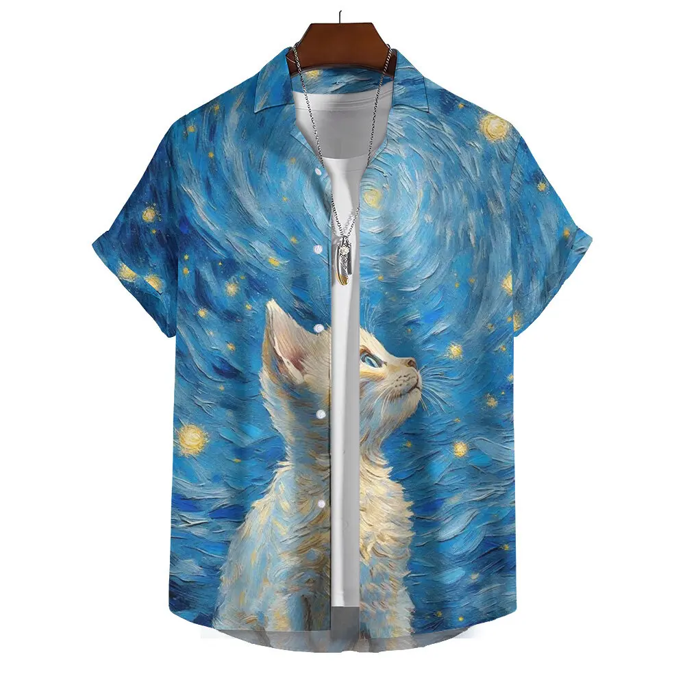 Summer Men's Printed Short Sleeve Shirt Oil Painting Starry Sky Cartoon Cat Print Street Daily Casual Oversized Tops SIZE S-5XL 4