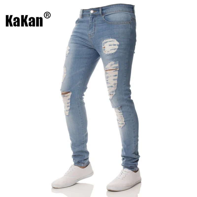 Kakan - European and American Personality Hole Small Foot Tight Men's Jeans, New Blue Versatile Long Jeans K09-082