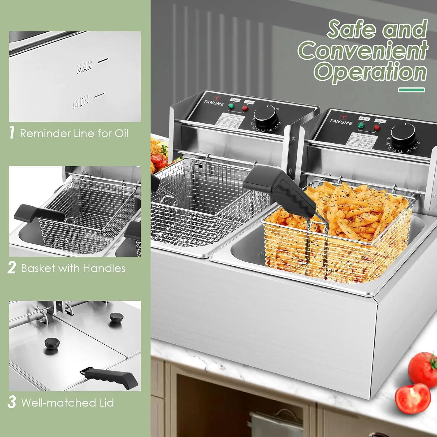 Deep Fryer 3400W Electric Deep Fryers with 2x6.35QT Baskets 0.8mm Thickened Stainless Steel Countertop Oil Fryer 20.7QT