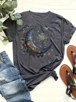 Moon Mandala Women's Tee - Boho Celestial Graphic, Casual Dark Gray Top 1