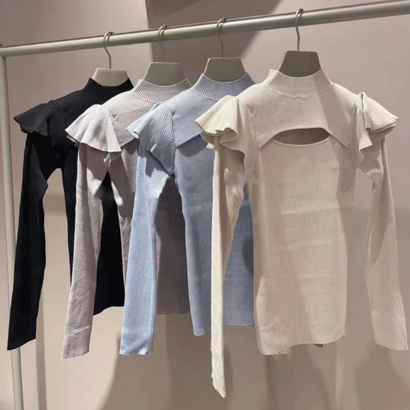 

Женский трикотажный джемпер, элегантный однотонный элегантный джемпер в японском стиле с длинными рукавами и вырезами, весна 2023