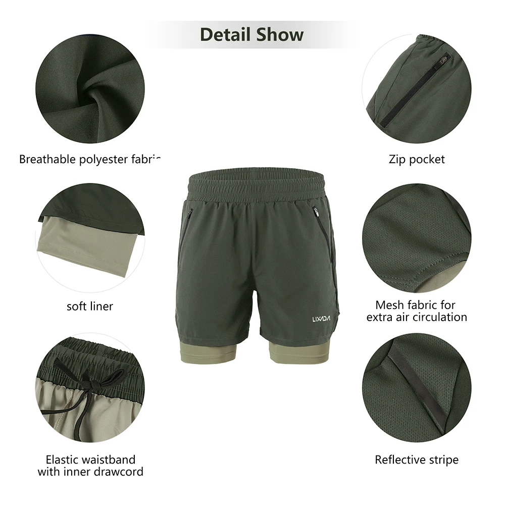 Lixada Men 2 in 1 Running Shorts Quick Drying Breathable Active Training Exercise Jogging Cycling Shorts 2