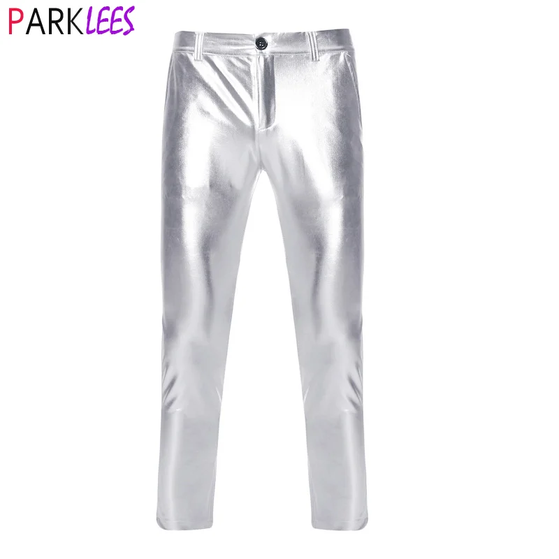 Fashion Silver Coated Metallic Pants for Men Brand PU Faux Motorcycle Pants Straight Leg Trousers Nightclub Stage Costume skinny pants leather pants men trousers