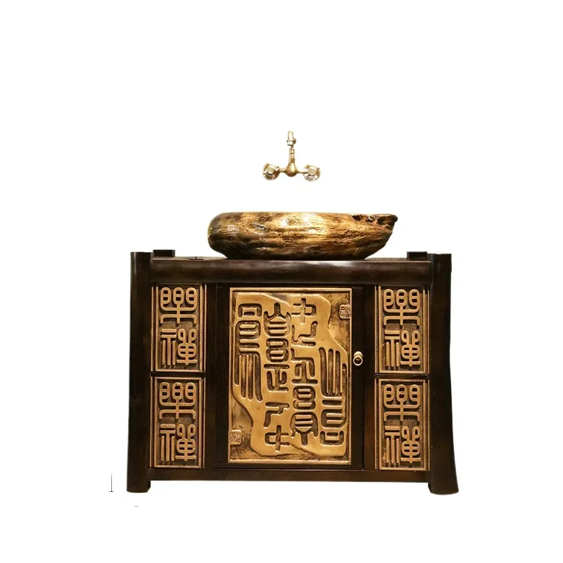 ~New Chinese solid wood combination bathroom cabinet balcony cabinet washbasin retro washbasin floor bathroom basin