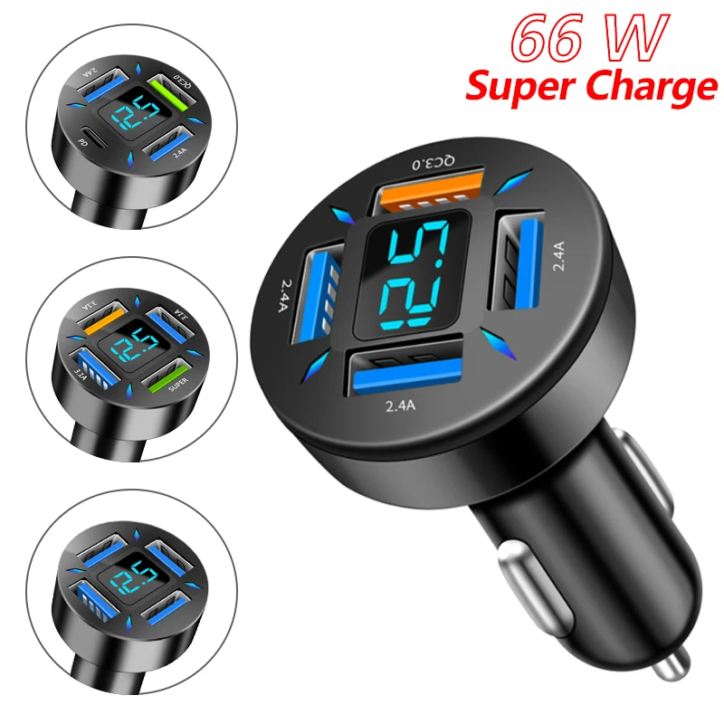 USB Car Charger Fast Charging 66W 4 Ports PD+QC3.0 Fast Charging Car