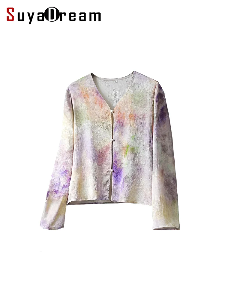 SuyaDream, Women Printed Blouses, 100%Real Silk, V Neck, Vintage Purple Shirts, 2024 Summer Casual Top