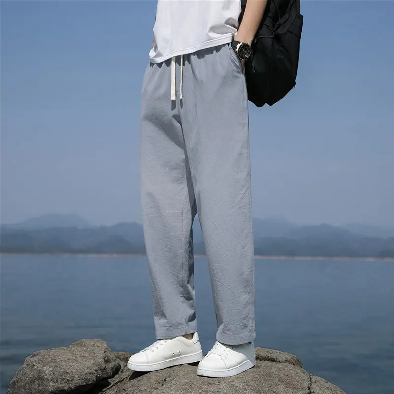 Spring Summer New Fashion Solid Color Ankle Length Pants Man Korean Style Pure Cotton Elastic Waist Pockets Straight Trousers