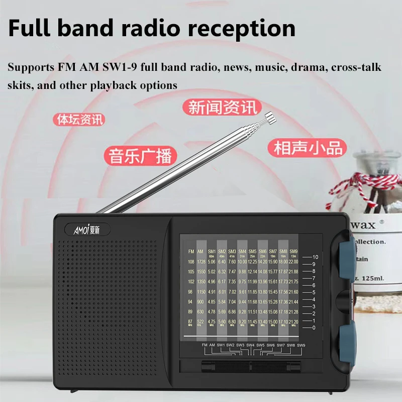 Mini Full Band Radio Best Reception FM AM SW Radios with 5W High Power Loudspeaker Rechargeable Battery Support 3.5mm Headset