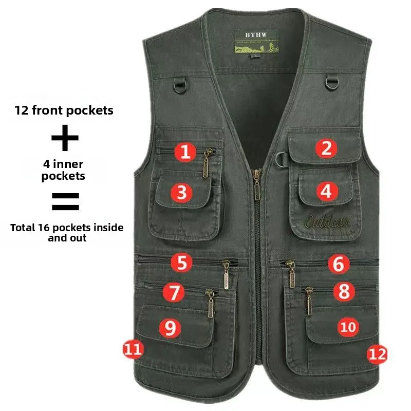 Men's Pure Cotton Vest Spring Autumn Loose Outdoor Fiing Jaet V-Ne Zipper Closure Busin Casual Sle Dad's Vest