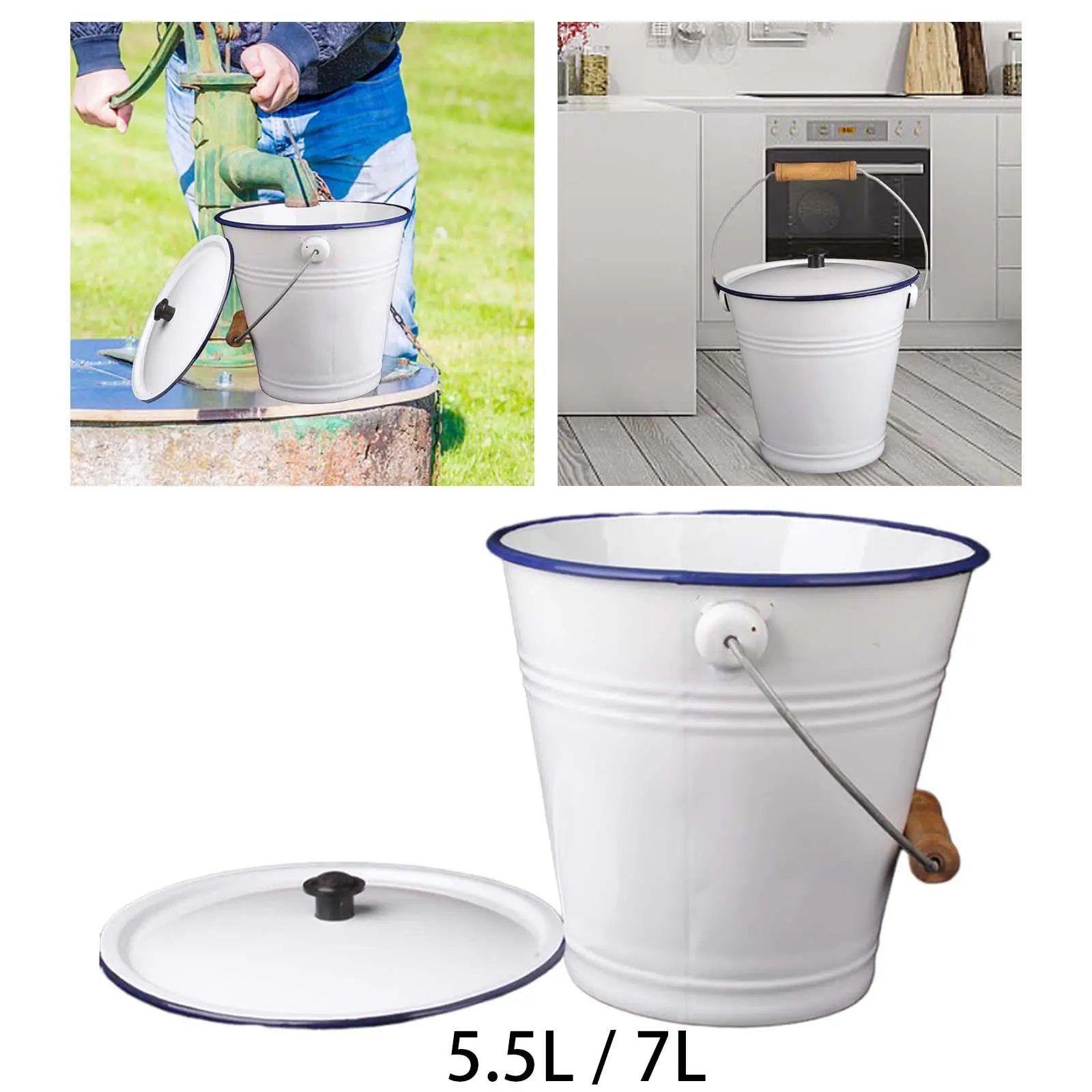 Enamel Bucket with Wood Handle Multiuse with Lid Pails for Garden Party Favors