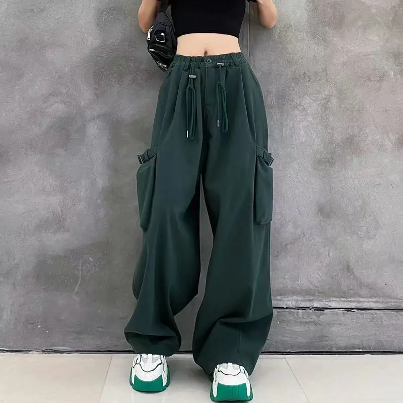 

Autumn Street Casual Pocket Solid Color High Waist Cargo Women Clothing Young Style Shirring Loose Fleece Elastic Waist Trousers