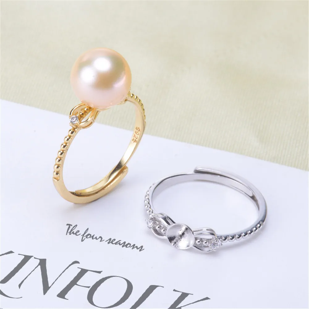 

DIY Pearl Accessories S925 Sterling Silver Pearl Ring Empty Holder Fashion Women's Ring Holder with 6-9mm Round Flat Beads
