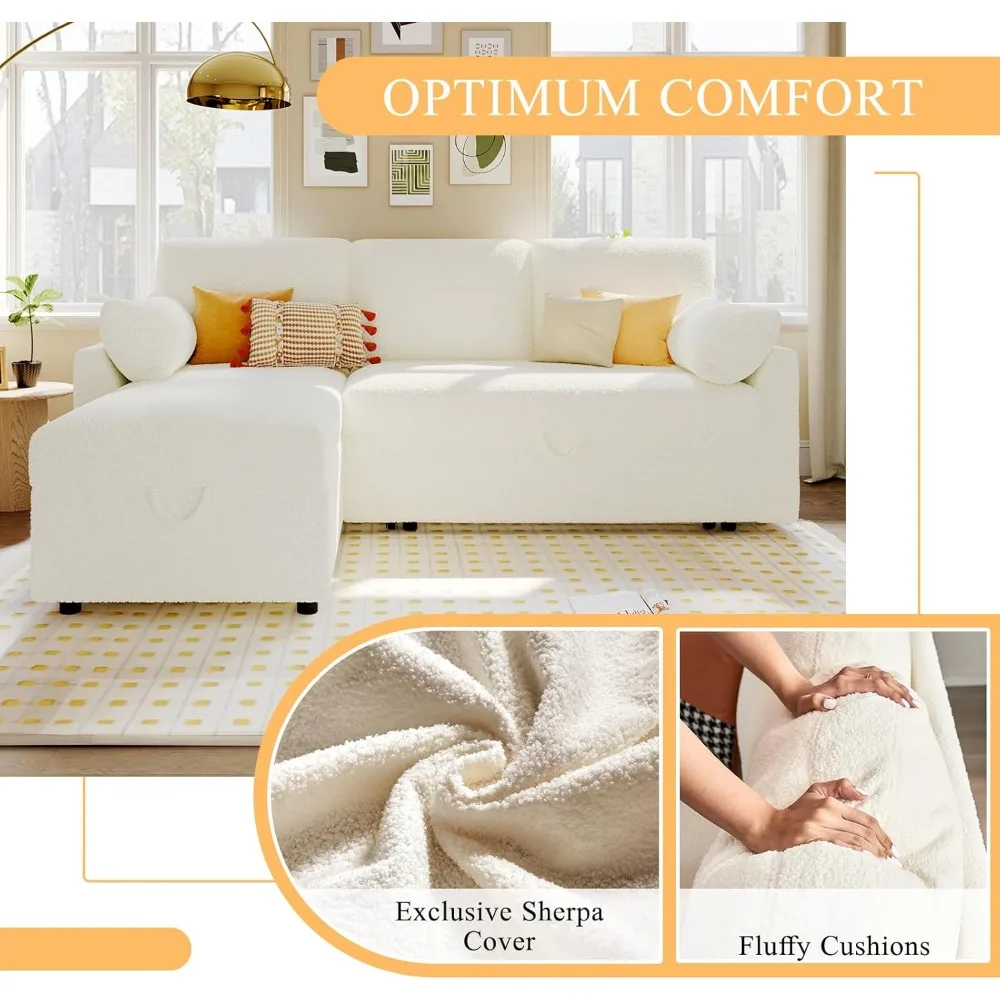 Sleeper Sofa, Sofa Bed- 2 in 1 Pull Out Couch Bed with Storage Chaise for Living Room, White Sherpa Couch Children's Sofas 5