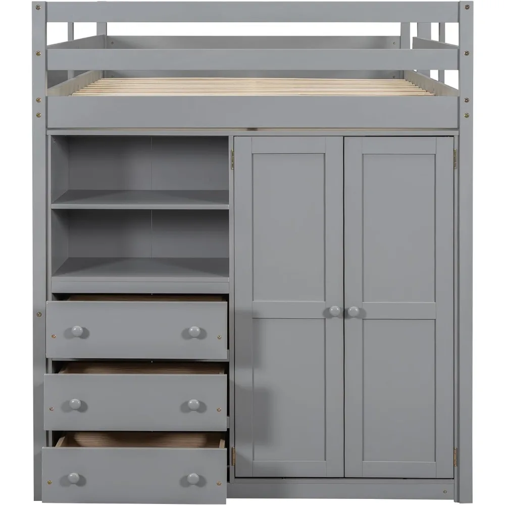 Full Size Loft Bed with Built-in Wardrobe, Desk, Storage Shelves and Drawers, Solid Wood Loft Bed Frame, Wardrobe 5