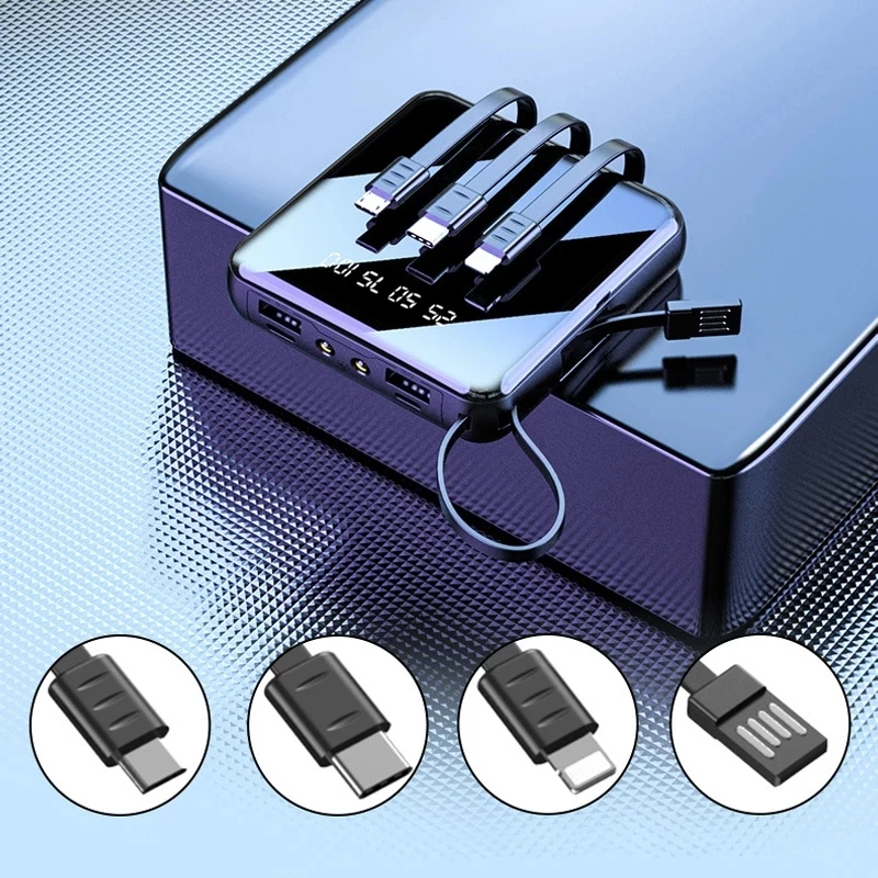 20000mAh 미니 파워뱅크 마이크로 USB 타입 C 케이블 휴대용 충전기 LED 미러 파워뱅크 외장 배터리 팩