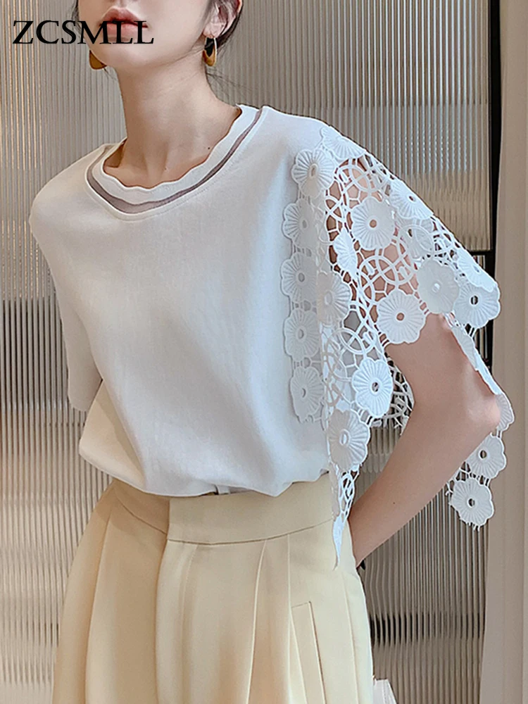 

ZCSMLL Women White Lace Hollow Out Big Size Elegant T-shirt New Round Neck Short Sleeve Fashion Tide Spring Summer 2022 T8643
