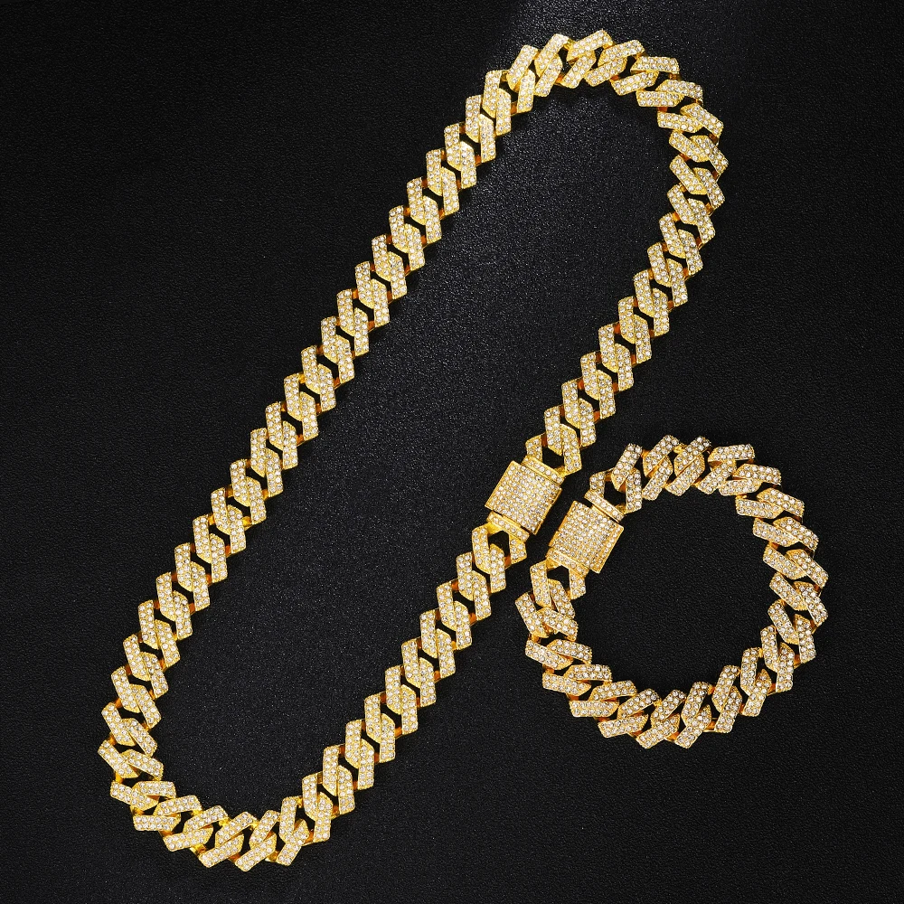 Gullfarget klokke Hiphop Miami Curb kubansk kjede Iced Out Paved Rhinestones Bling Rapper Halskjede + Klokke + Armbånd Smykker_voghion.com