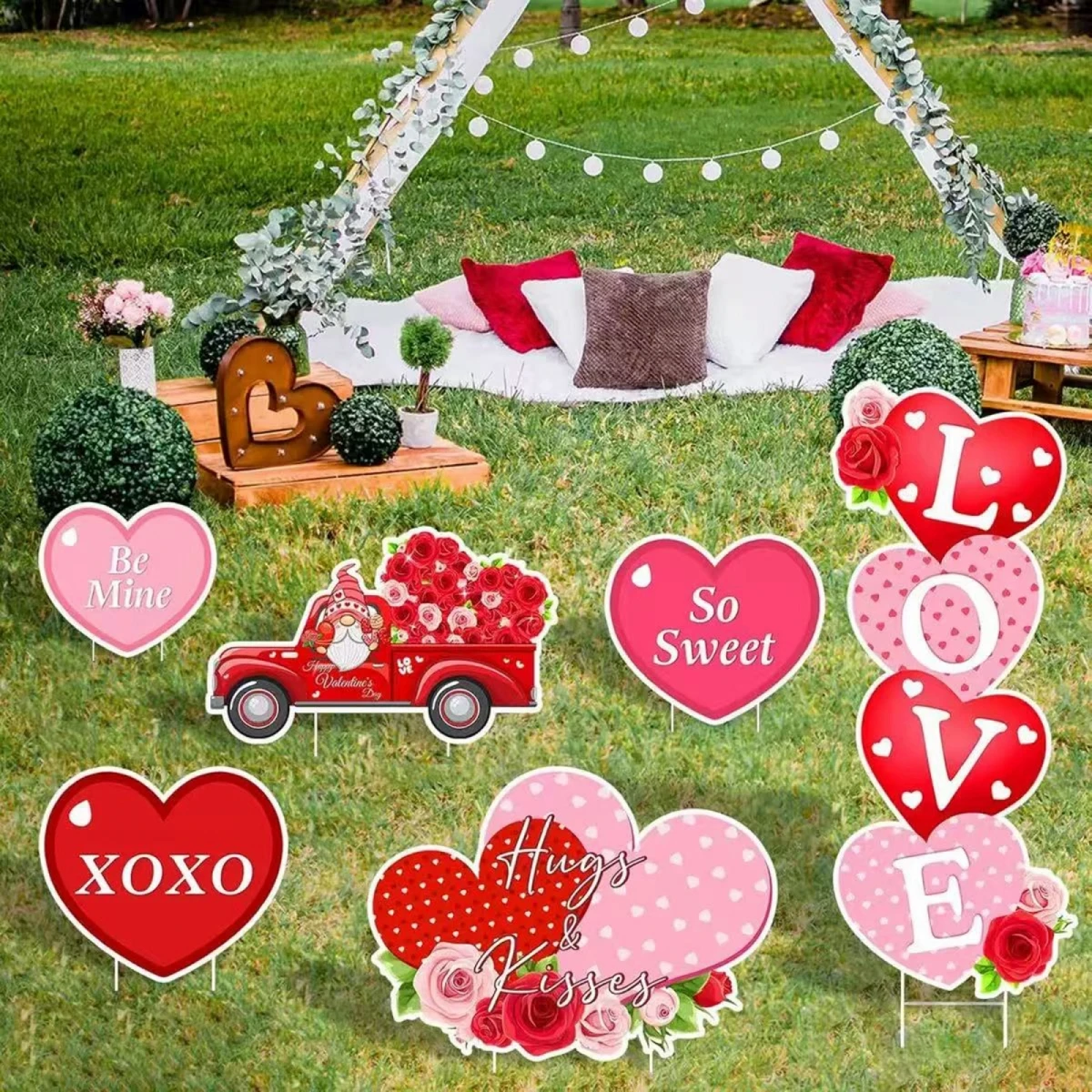 Valentine s Day Outdoor Decor Set of 6 Heart Truck and Love Letter Yard Stakes for Romantic Party Lawn Garden Decoration