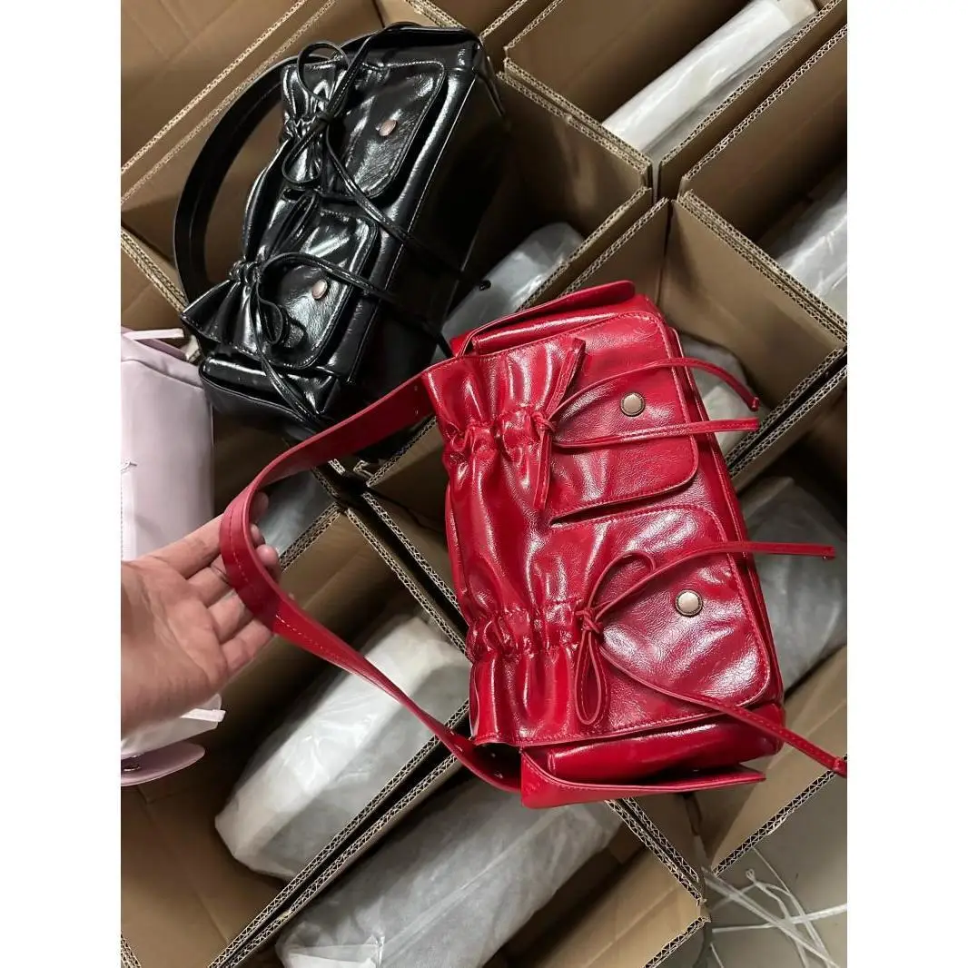 Richme Wrinkled Women Summer Bag 2024 E Girl Lacquer Leather Bow Crossbody Shoulder Bags Luxury Solid Individuality Bolso Mujer