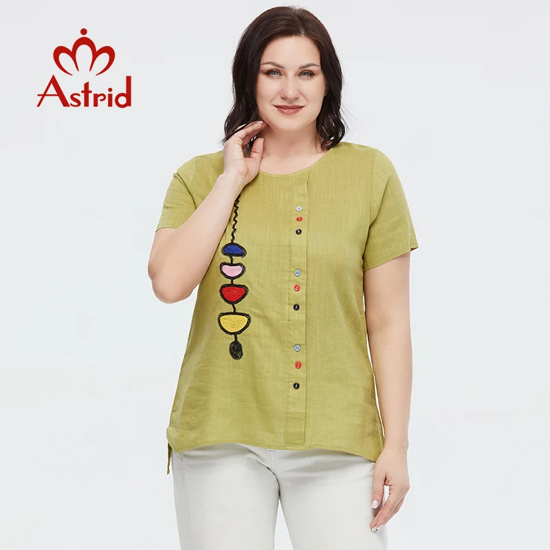 Astrid Summer Women's T-shirt 2023 Cotton Linen Top Female Oversized Short Sleeve Tee Colorful Sequins Button Fashion Clothing