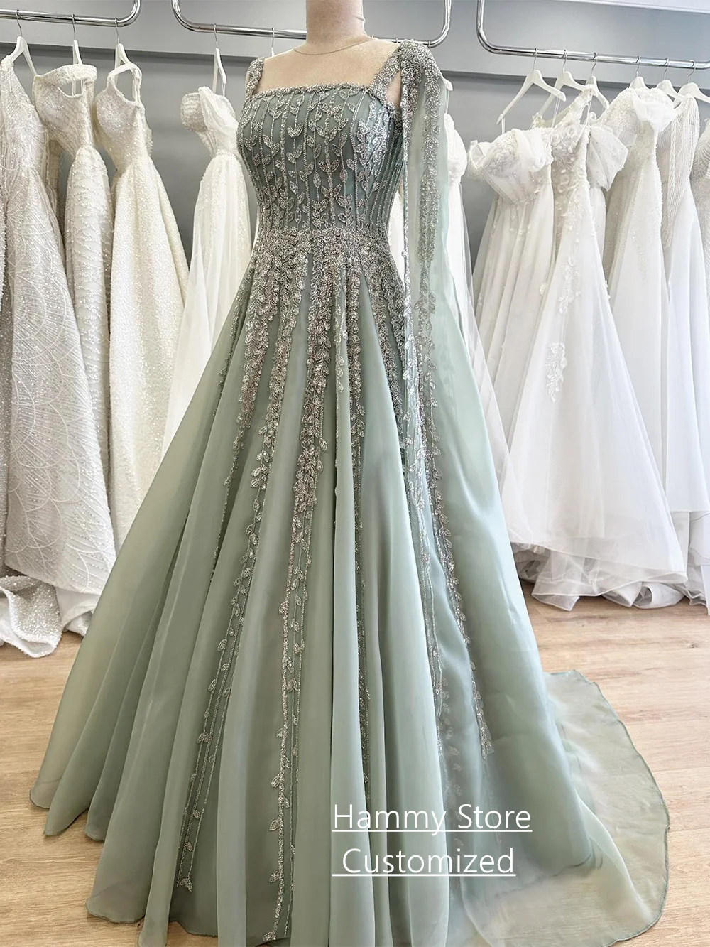 Elegant Formal Evening Dress for Woman Customized Square Neck Sleeveless Beading Sequined A Line Prom Gown with Cape 3