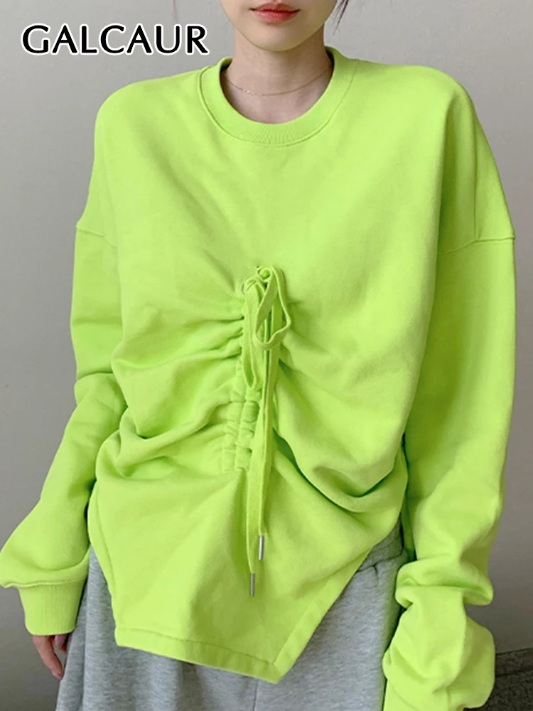 

GALCAUR Patchwork Lace Up Sweatshirts For Women Round Neck Long Sleeve Solid Folds Irregular Pullover Sweatshirt Female 2023 New