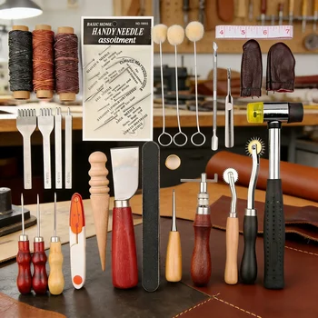 Leather Craft Tool Kit Leather Hand Sewing Repair Kit Stitching Punch Carving Work Groover Set DIY Tool Set Professional 1