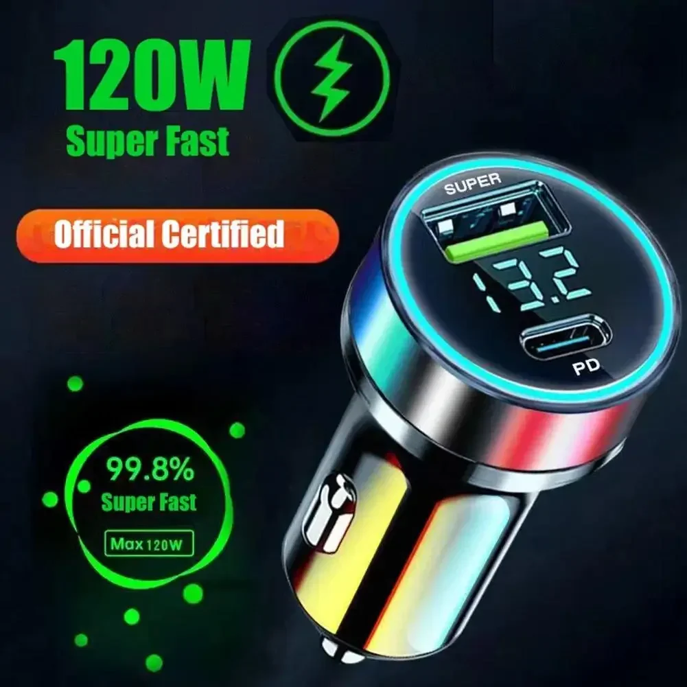 120W USB Digital Display Car Charger Fast Charging 2 port USB PD Charger in Car PD Car Adapter For iPhone15 Car Lighter Splitter
