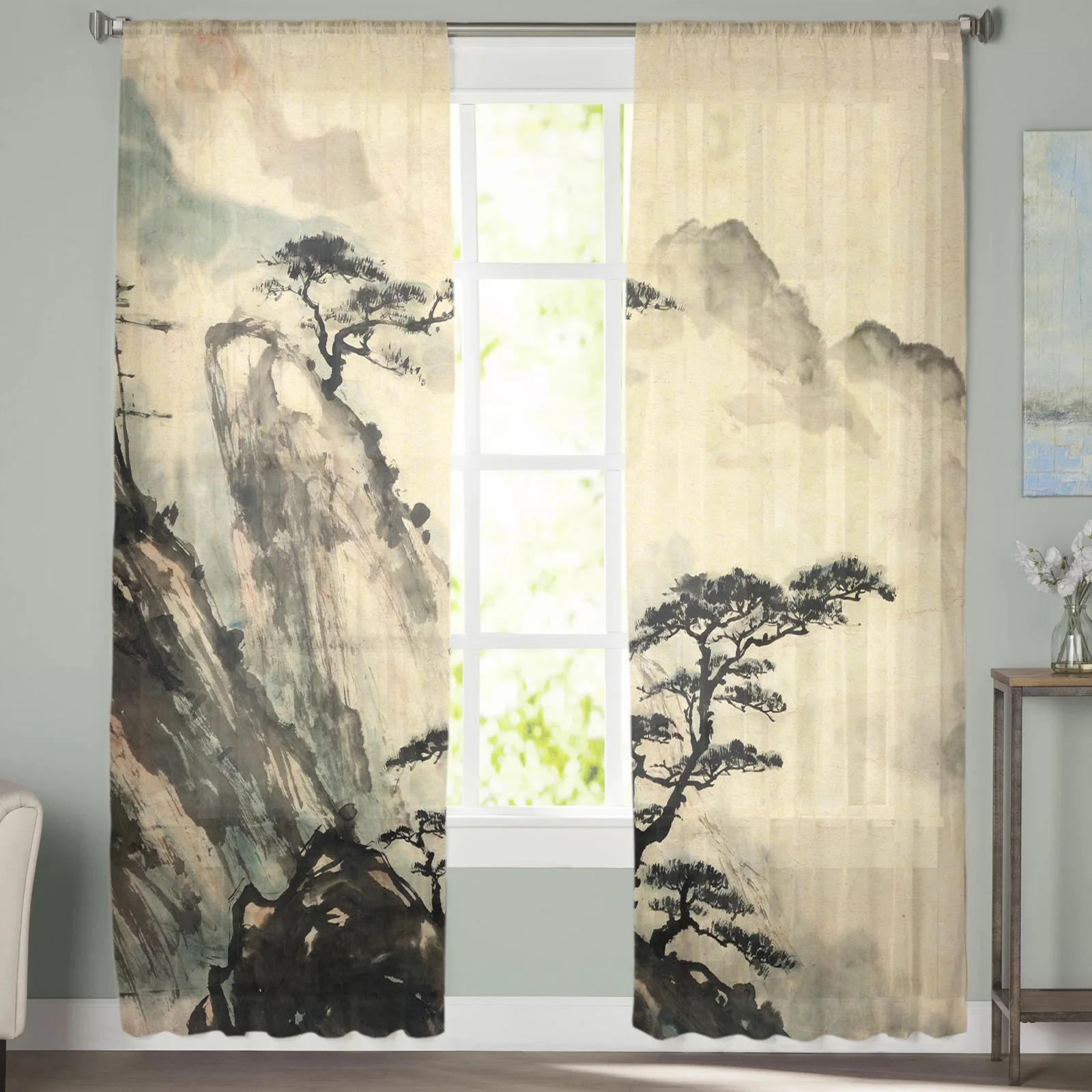 Landscape Ink Painting Chinese Style Sheer Tulle Window Curtains For Living Room Bedroom Kitchen Veiling Curtain Home Decoration