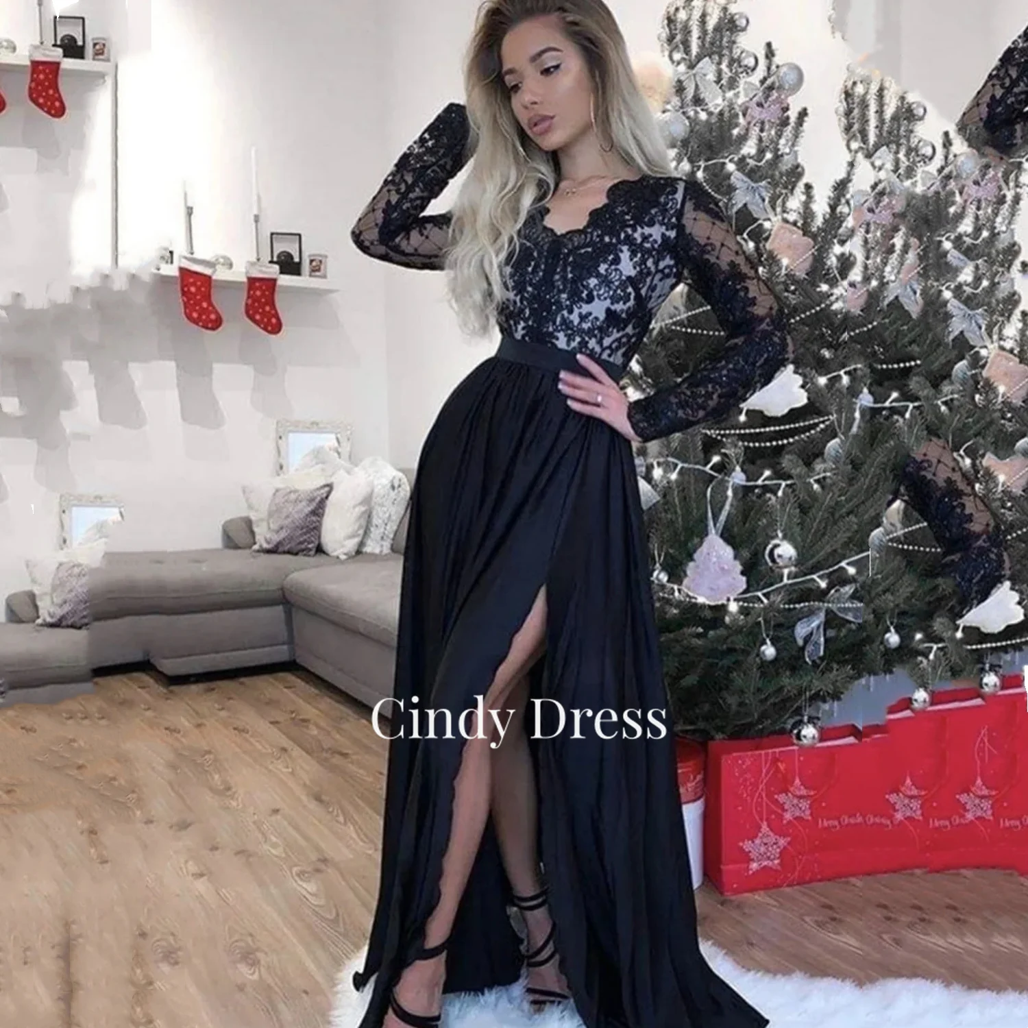 

Cindy Black Lace Long Sleeves A-line Elegant Party Dresses for Women 2023 Prom Dress Wedding Gala Guest Evening Weddings Luxury