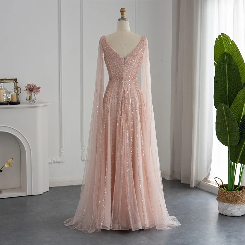 Sharon Said Luxury Nude Dubai Evening Dress with Cape Sleeves Blush Pink Arabic Formal Dresses for Women Wedding Party SS322