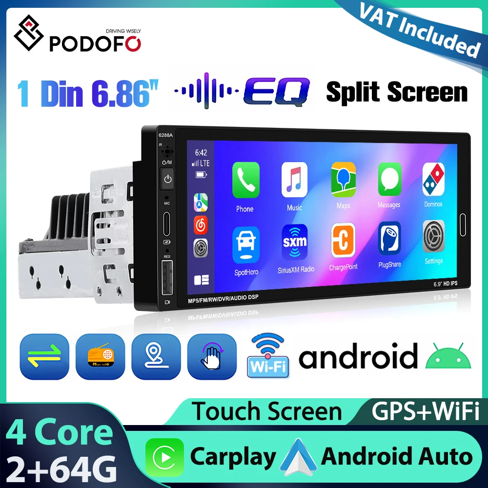 Podofo - Estéreo Inteligente para Auto de 6.86'' con 2+64G, Radio Universal 1Din, Carplay, Android Auto, BT, WIFI, GPS, Mirror Link, FM 1