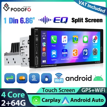 Podofo - Estéreo Inteligente para Auto de 6.86'' con 2+64G, Radio Universal 1Din, Carplay, Android Auto, BT, WIFI, GPS, Mirror Link, FM 1