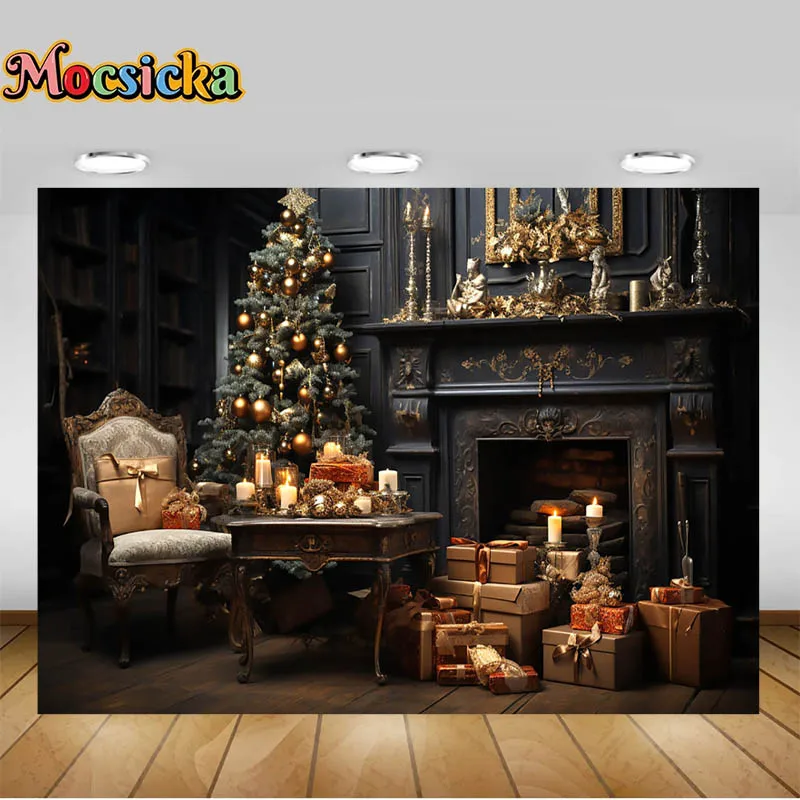Christmas Party Decoration Background Empty Christmas Room at Night Xmas Tree Fireplace Table and Chairs Photo Studio Props