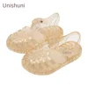 Unishuni Girls Jelly Sandal Kids Bling Glossy Plastic Summer Shoe Durable Quick Dry Close Toe Beach Slipper Sandal for Girls 1