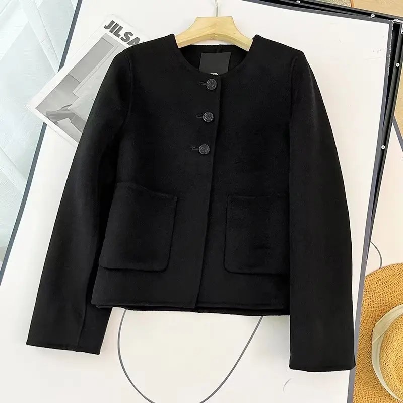 Dave&Di French Office Ladies Wool Jacket Retro Button Coat Black Elegant Casual Fashion Blazers Jacket Women Tops