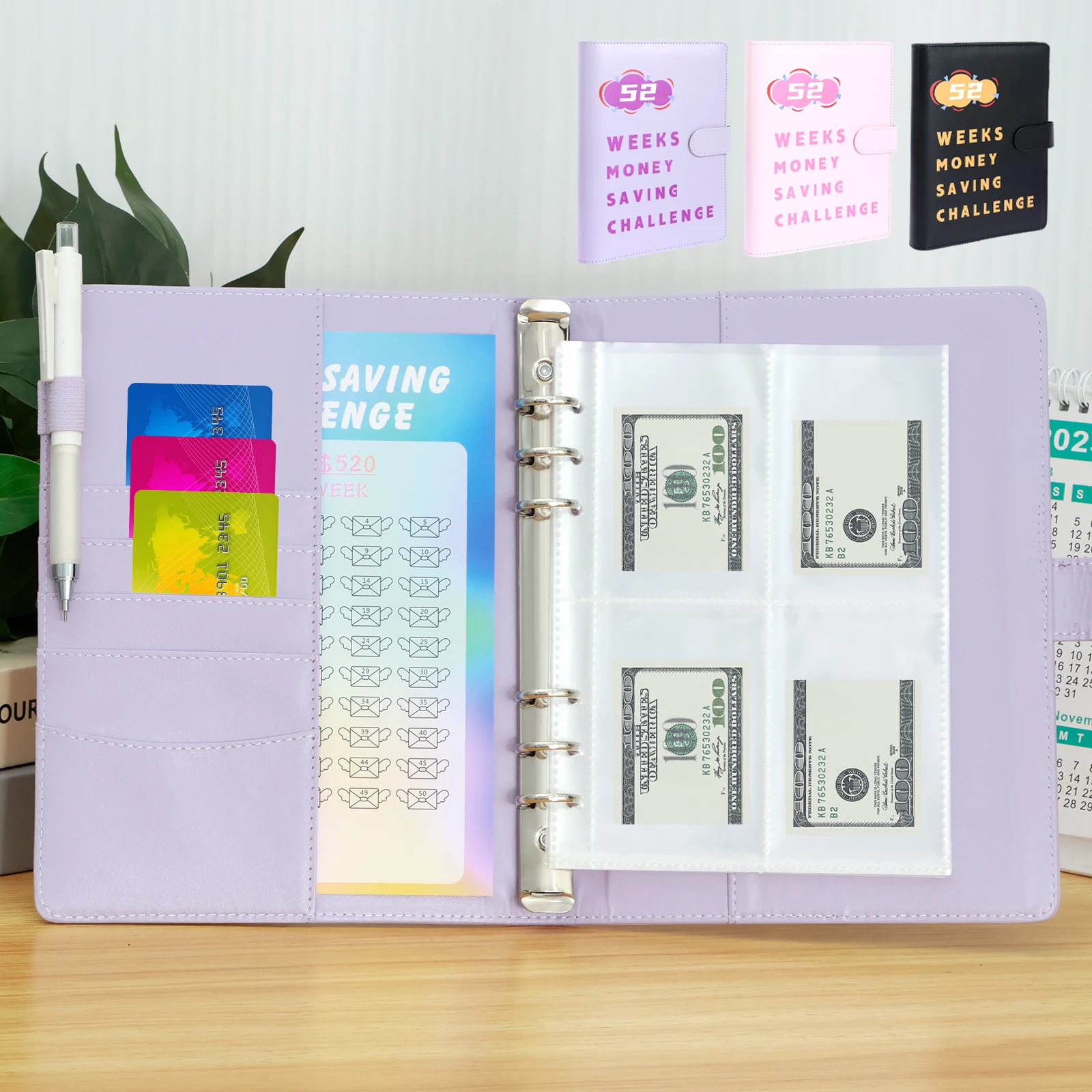 

New 52 Week Money Saving Challenge Binder Reusable PU Budget Binder Book with Cash Envelopes and Stickers Money Saving Binder