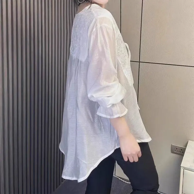 Chinese Disc Buckle V-Neck Shirt Female Clothing Vintage Fashion Jacquard Weave Spring Autumn Loose Spliced Long Sleeve Blouse