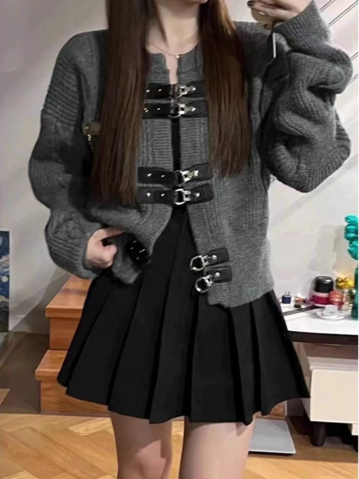 

2024 Winter dress with suit wearing Fried Street American retro preppy sweater skirt suit woman