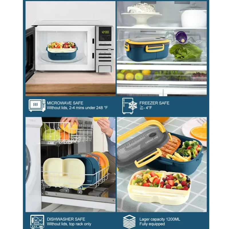 Lunch Box Portable Sealed Lunch Box 2 Layer Mesh Kids Leak Proof Bento Snack Box with Cutlery Microwave Safe Food Storage Container