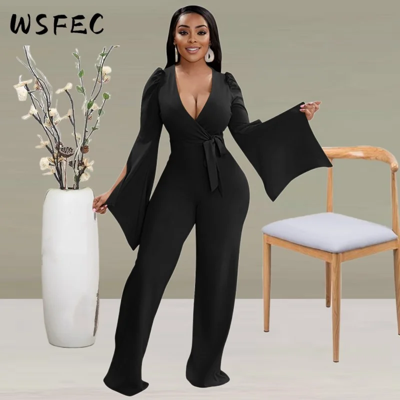 WSFEC Elegant Party Jumpsuits Women Clothing African Long Sleeve Deep V ...