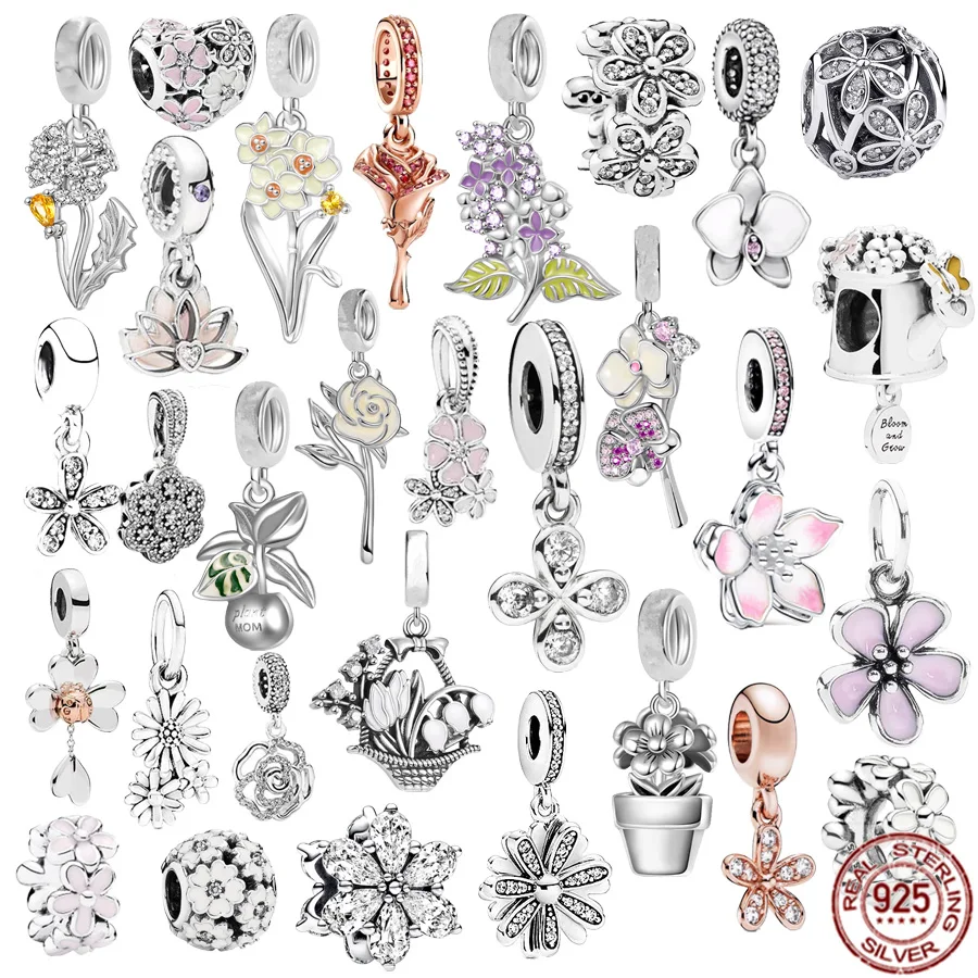 

NEW 925 Sterling Silver Sparkling Rose & Dandelion Blossom Flower Dangle Charm Bead Fit Original Pandora Bracelet Jewelry Gift