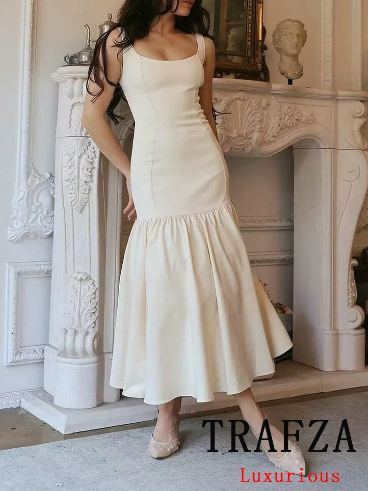 

TRAFZA Vintage Casual Chic Women Cami Dress Solid White Ruffles Backless Slim Dress New Fashion 2024 Summer Female Holiday Dress