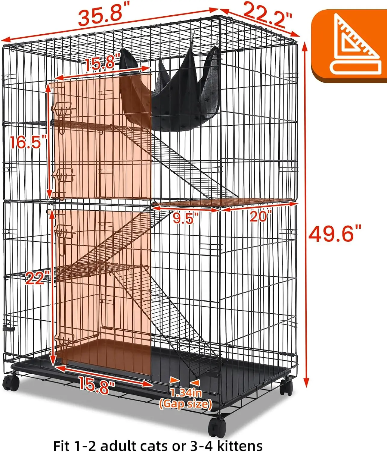 Pet 50 Inch Cat Crates for Indoor Cats, Large Cat Cages Indoor, Collapsible Metal Wire Kennel Big Multi-Level Cage