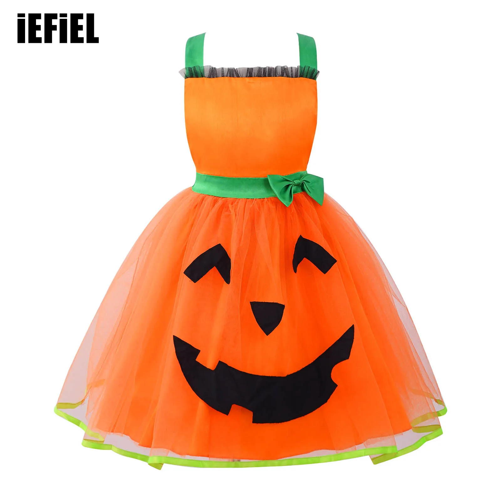 

Kids Girls Halloween Cute Pumpkin Dress Sleeveless Lace-up Halter Neck Backless for Cosplay Costume Stage Performance And Party