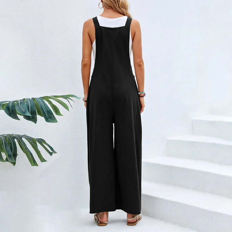 Women Cotton Linen Jumpsuit New Vintage Casual Solid Button Pocket Wide Leg Suspender Pants Ladies Summer Loose Overalls Rompers