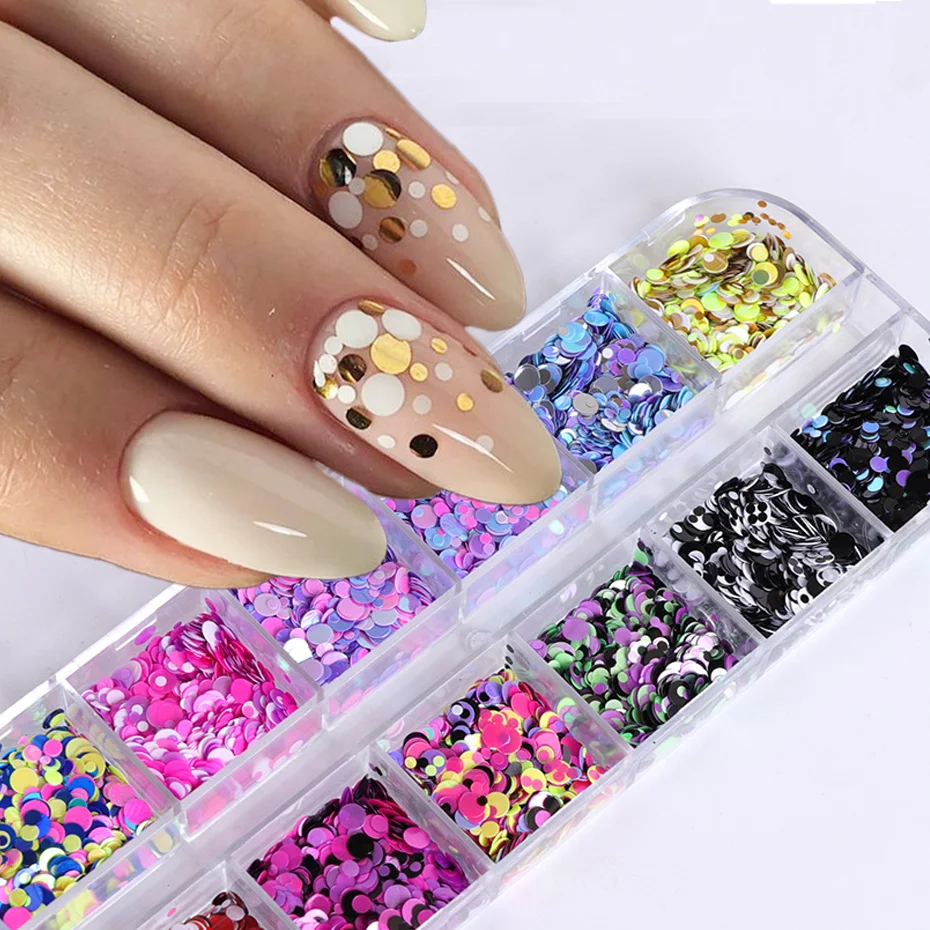 12Grid Nail Glitter Powder Mixed Color Round 3D Flakes Sequins Holographic Shiny Manicure Nail Art Decoration Accessories