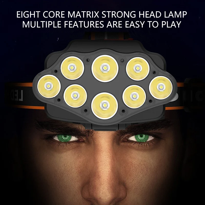 다기능 8 LED 헤드라이트, 500 루멘 내장 배터리, 전원 디스플레이 포함 LED 헤드램프, 인기 판매